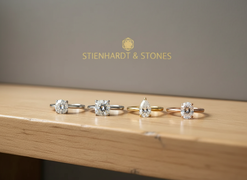 Platinum, white gold, yellow gold, and rose gold engagement rings displayed on a jeweler’s workbench
