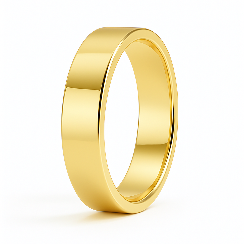 A shiny, gold wedding band with a smooth, polished finish, placed vertically against a plain white background, reflecting a timeless elegance.