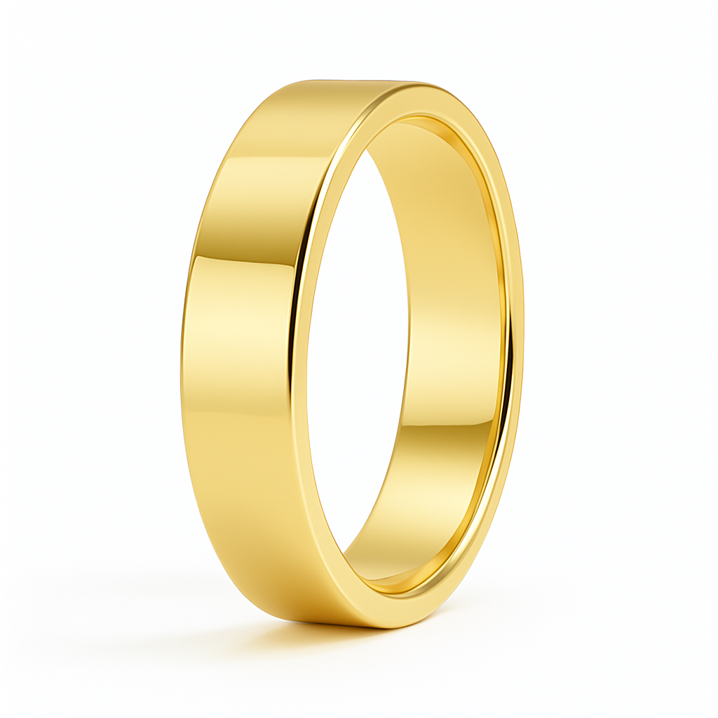 A shiny, gold wedding band with a smooth, polished finish, placed vertically against a plain white background, reflecting a timeless elegance.