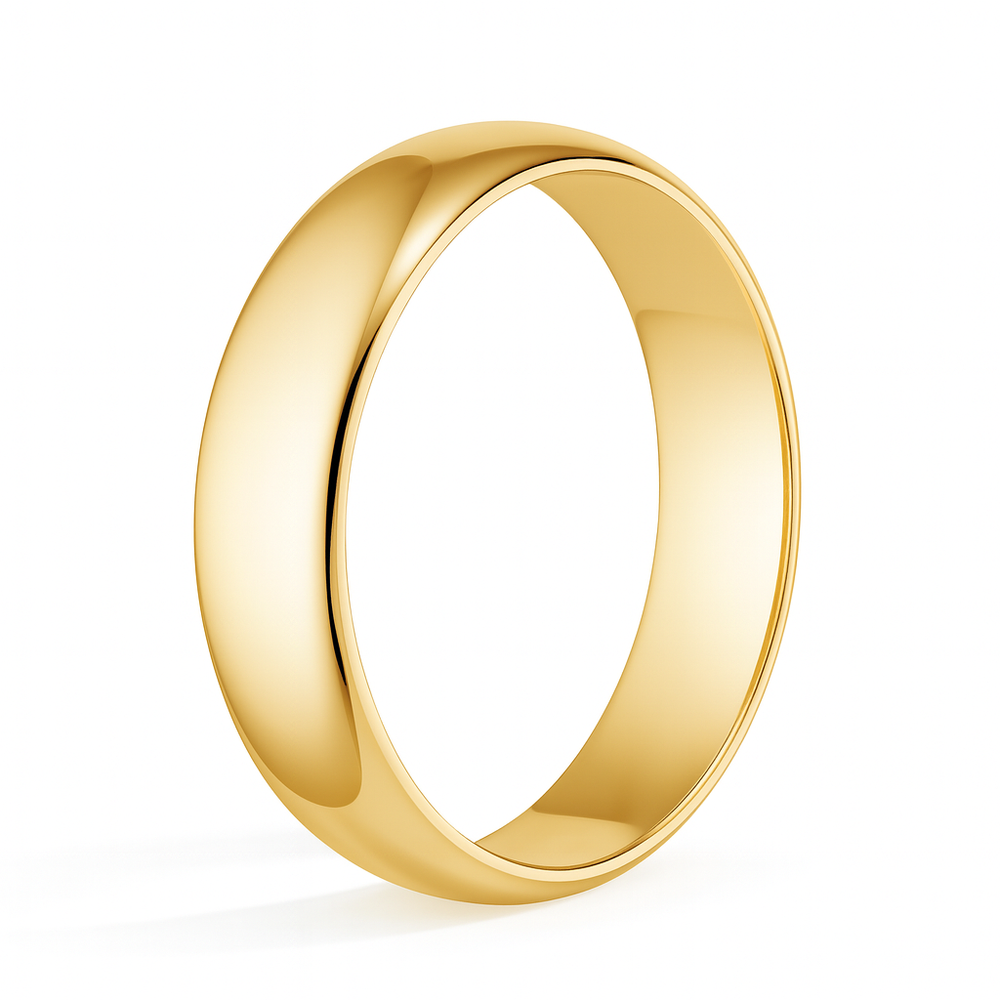 A shiny gold wedding band with a smooth, reflective surface, standing against a white background, symbolizing elegance and timeless commitment.