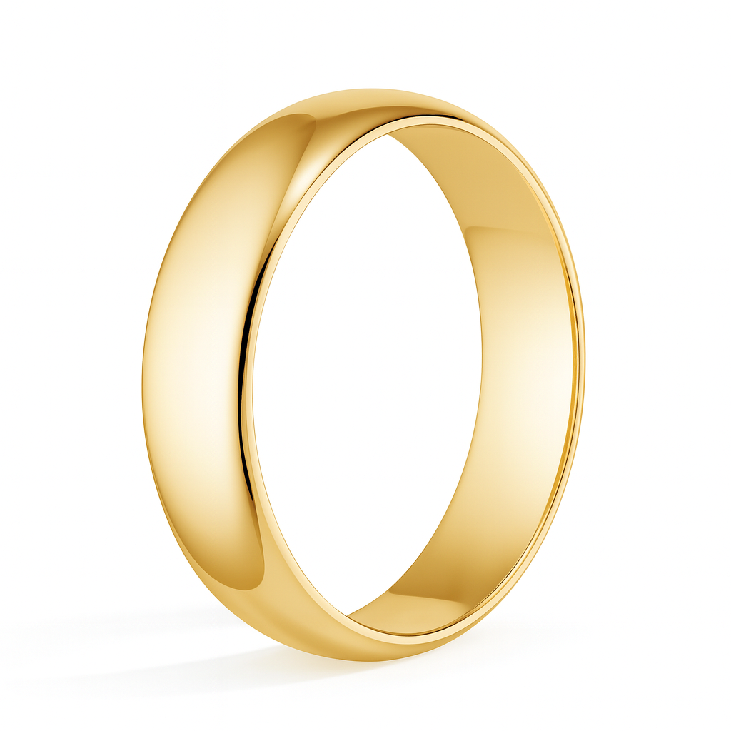 A shiny gold wedding band with a smooth, reflective surface, standing against a white background, symbolizing elegance and timeless commitment.