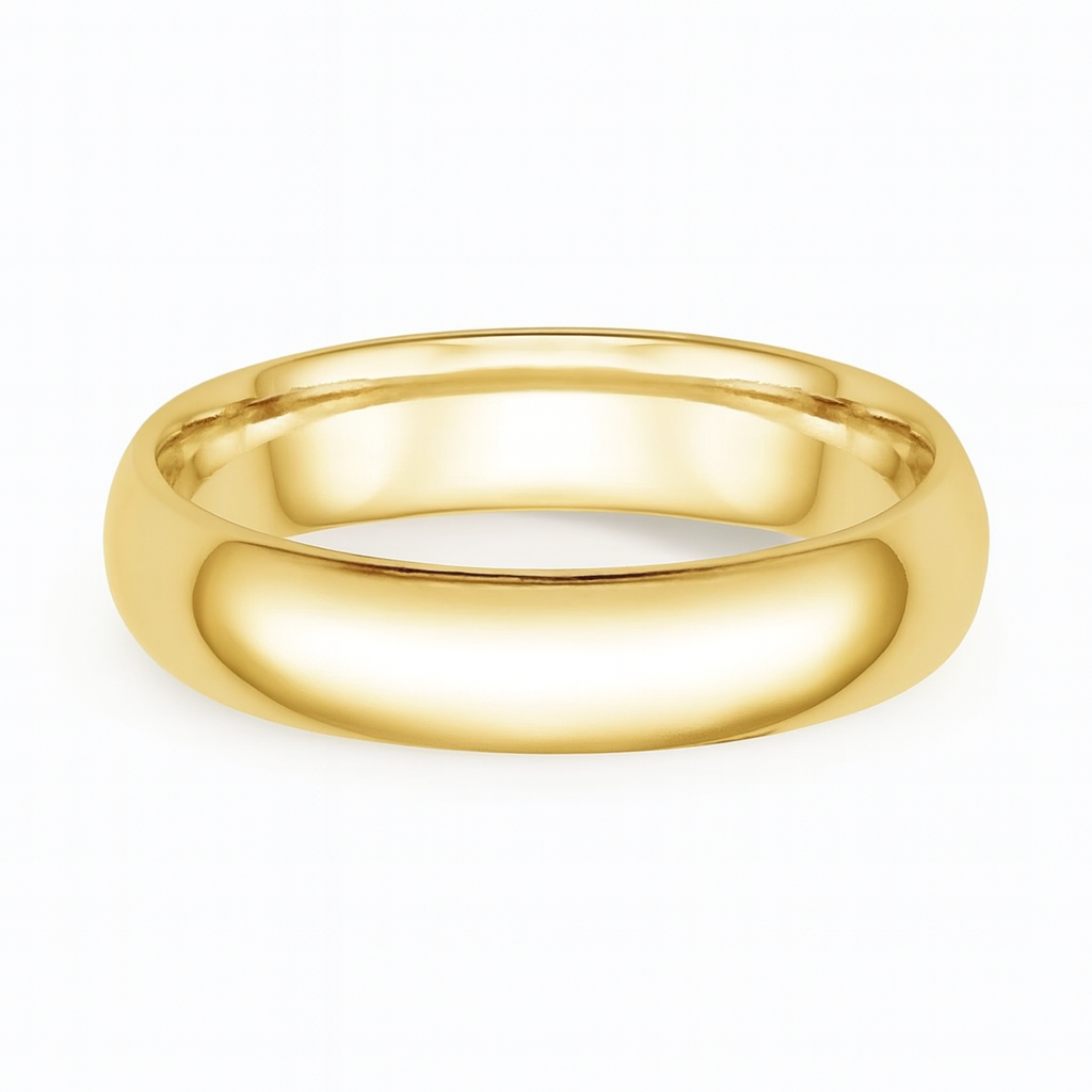 A shiny, polished gold band lies against a white background. The classic, smooth design conveys elegance and simplicity, symbolizing timeless beauty.