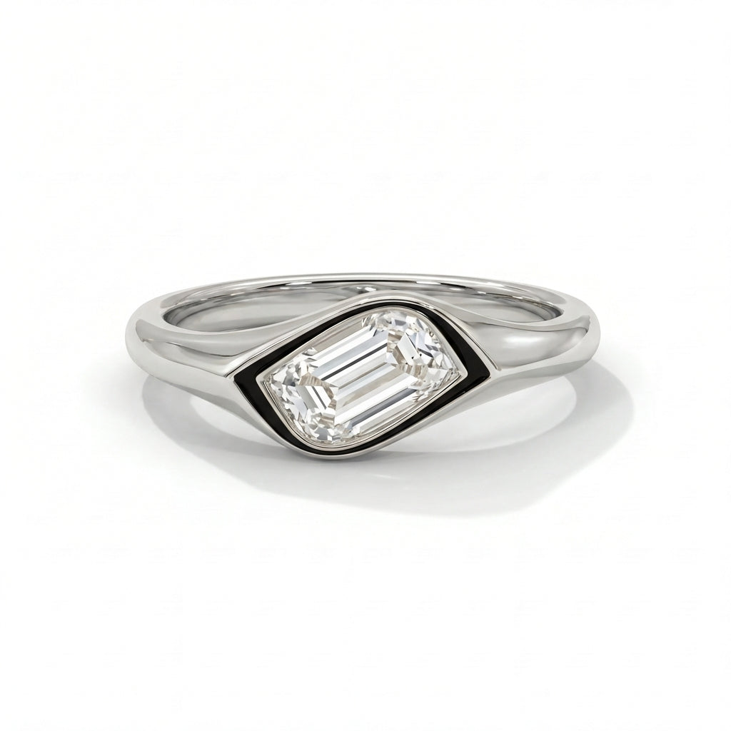 Silver ring with a diamond on a white background