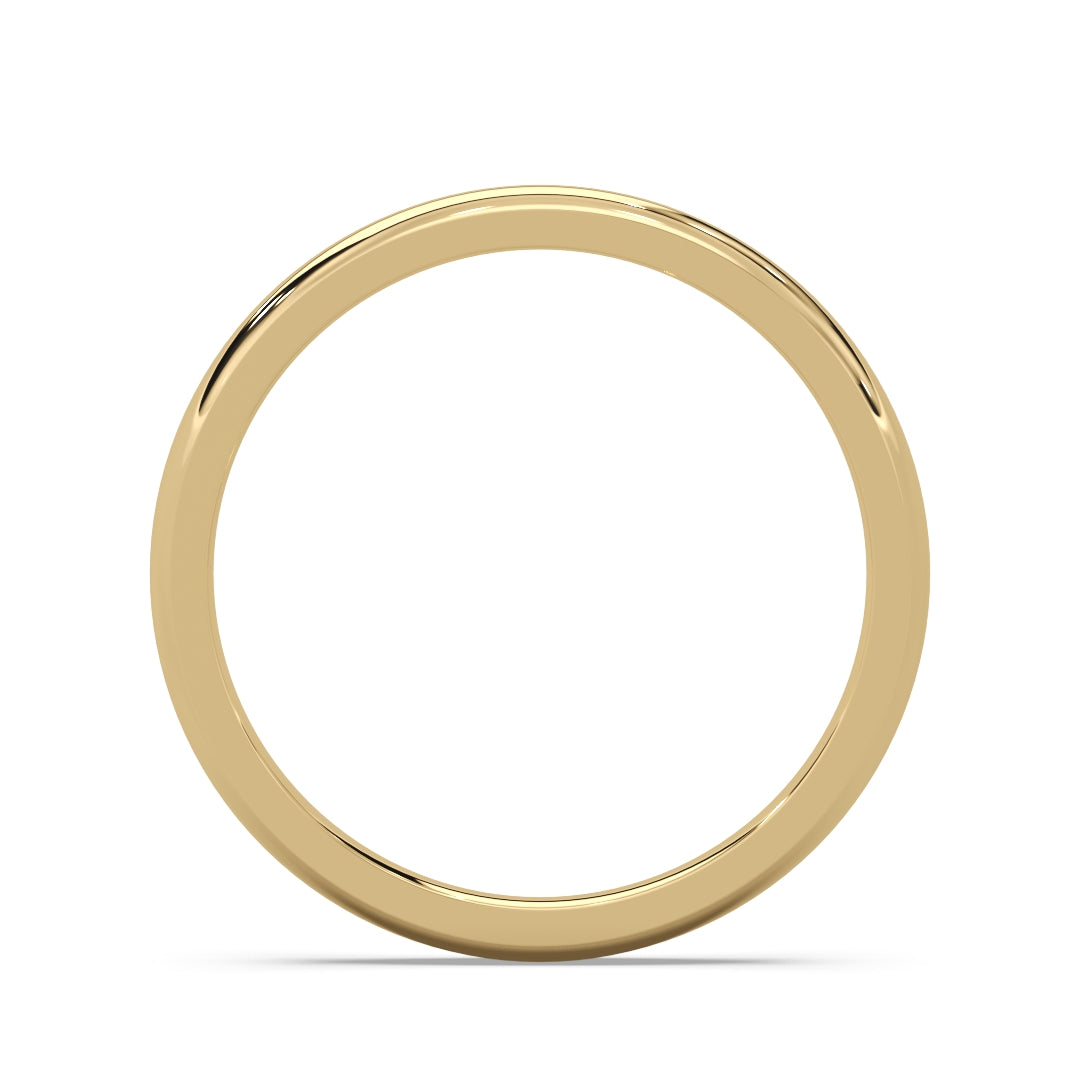 A simple, elegant gold ring displayed on a white background. The polished surface reflects light, highlighting its smooth, circular shape.