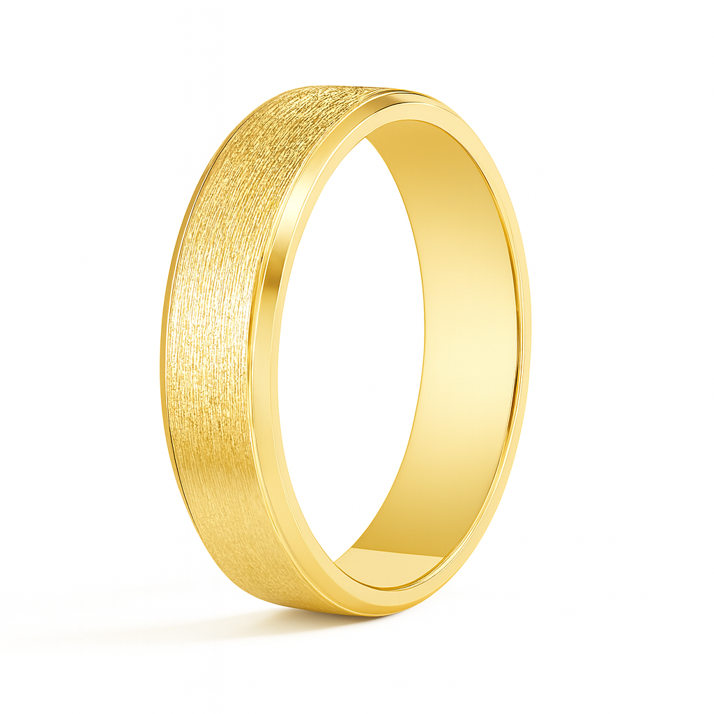 Simple gold band ring with a textured matte finish on the outer surface, reflecting light elegantly. The polished interior adds a touch of contrast.
