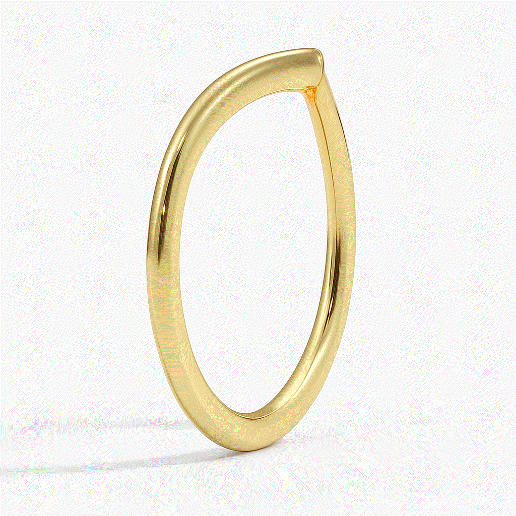 A sleek, asymmetrical gold ring stands upright on a plain white background, exuding simplicity and modern elegance with its smooth, polished finish.