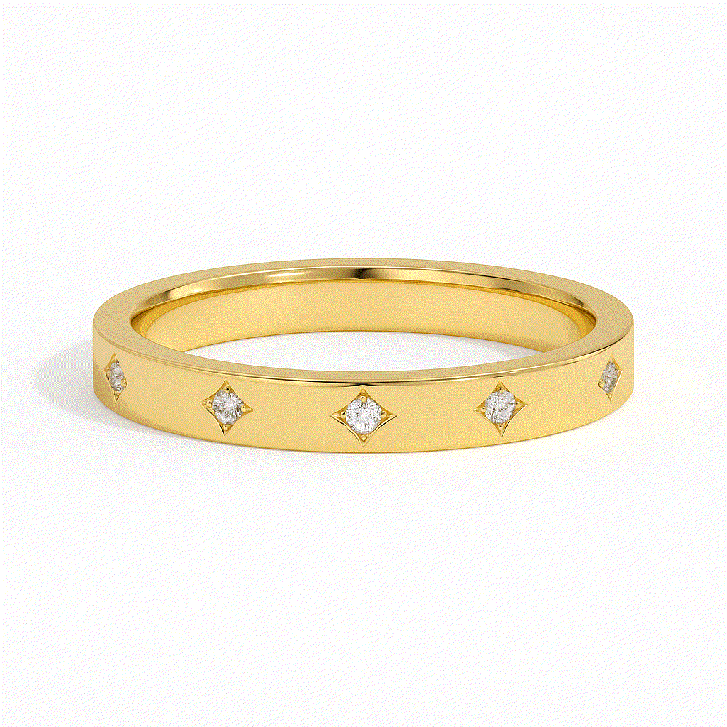 A sleek gold ring adorned with evenly spaced, diamond-shaped diamond insets. The simple yet elegant design offers a sense of luxury and refinement.