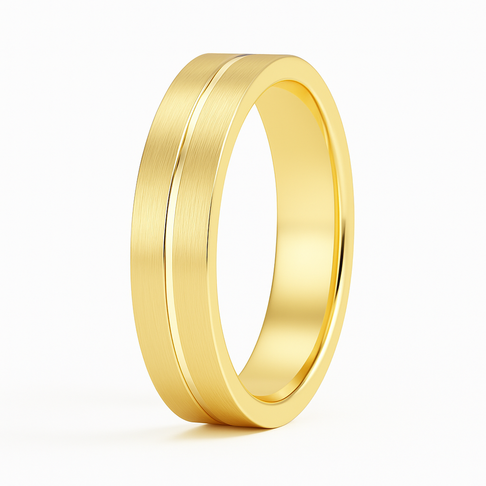 A sleek gold ring with a brushed finish and a polished groove encircling its center, set against a plain white background, conveying elegance and simplicity.