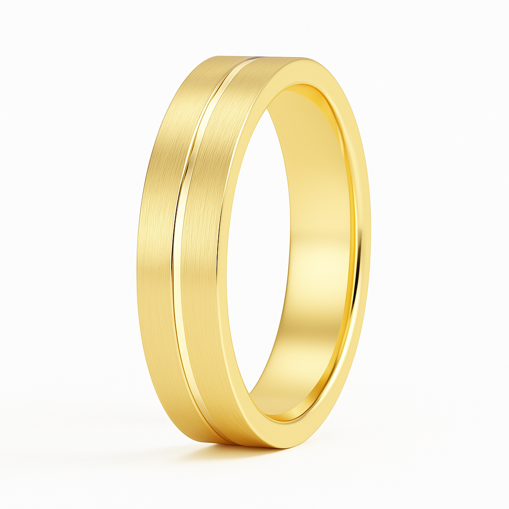 A sleek gold ring with a brushed finish and a polished groove encircling its center, set against a plain white background, conveying elegance and simplicity.