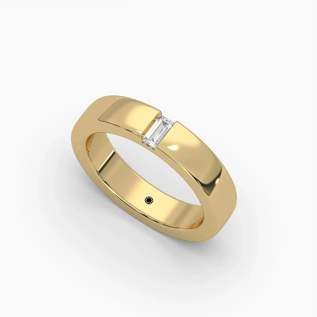 A sleek gold ring with a rectangular diamond centerpiece on a white background. The minimalistic design conveys elegance and sophistication.