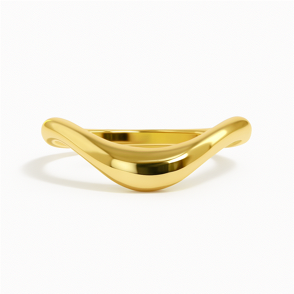A sleek, modern gold ring with a smooth, wavy design set against a plain white background. The ring’s reflective surface adds elegance and sophistication.
