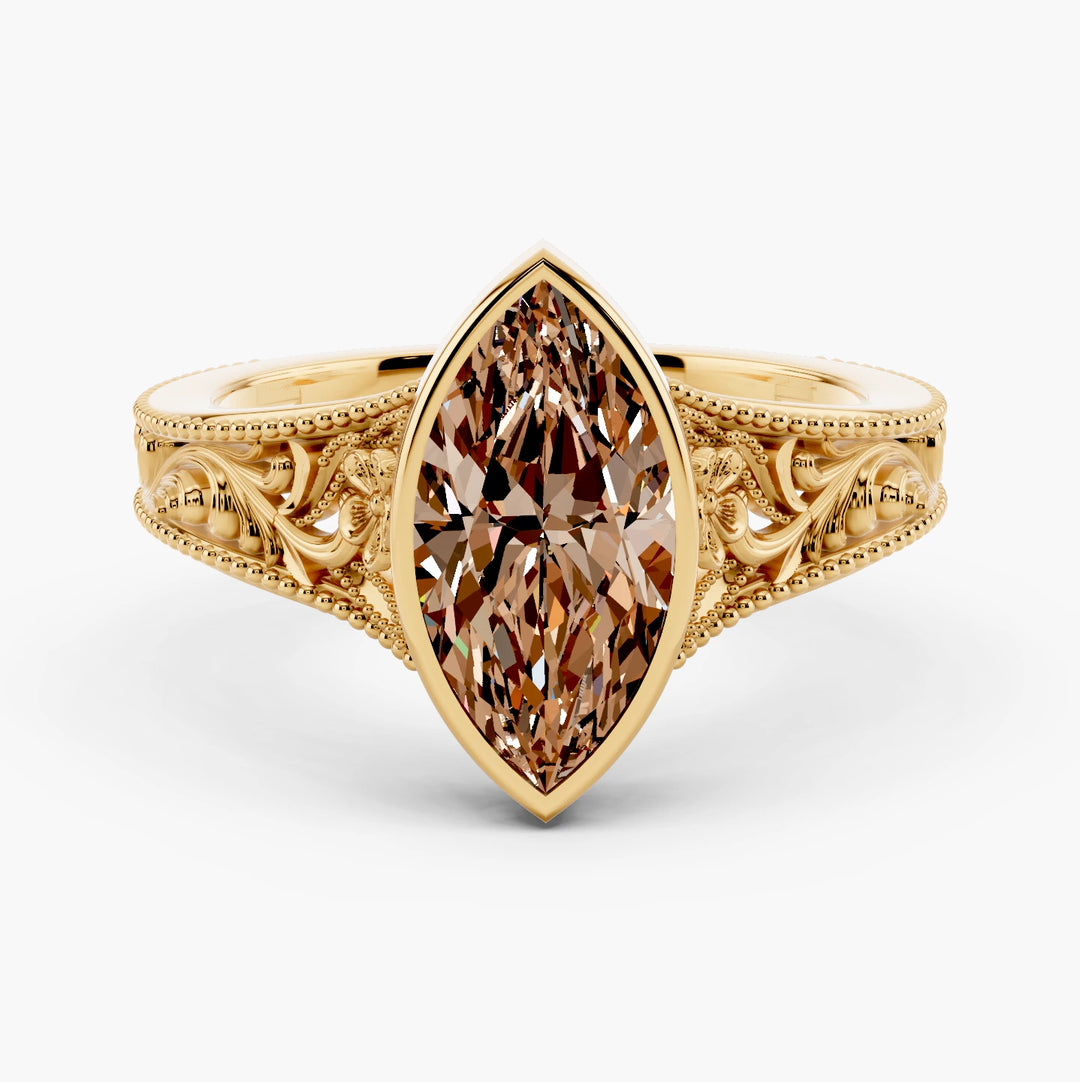 Sony Champagne Setting Marquise cut engagement ring in 14k Yellow Gold