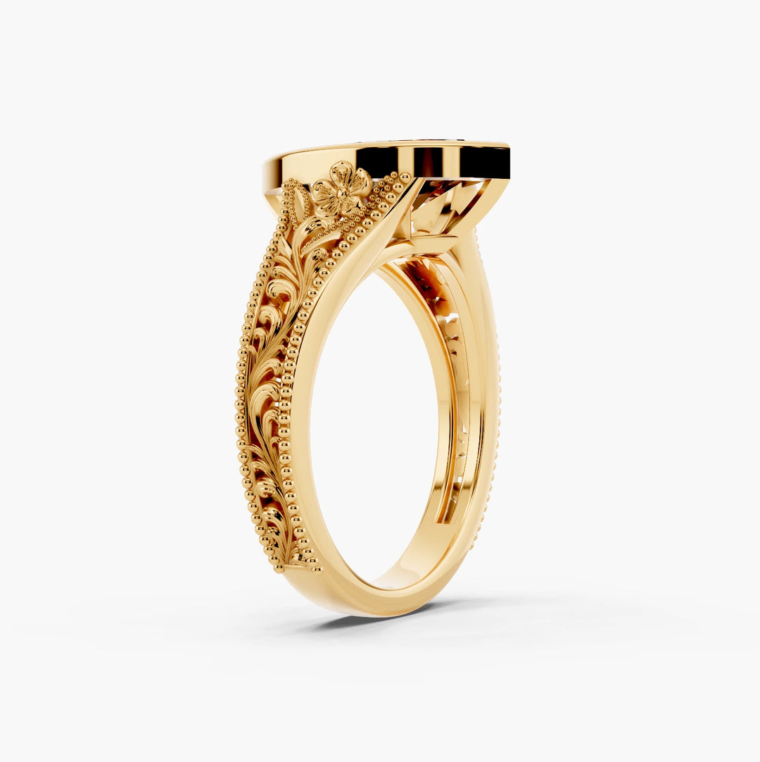 Sony Champagne Setting Marquise cut engagement ring in 14k Yellow Gold persp