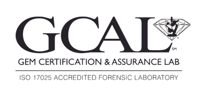 Logo of GCAL with the text "Gem Certification & Assurance Lab." Features an outlined diamond graphic, emphasizing its ISO 17025 accreditation.