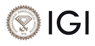 The image features the IGI logo with a beige badge displaying a diamond shape and "International Gemological Institute 1975" text, alongside bold "IGI" letters.