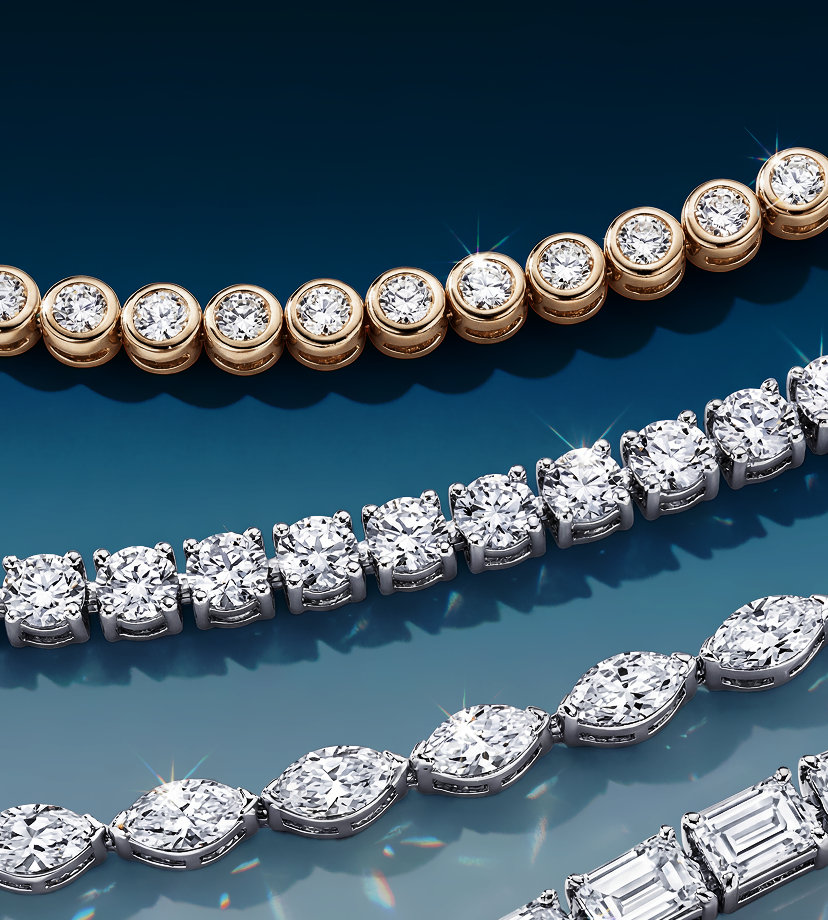 Three diamond bracelets on a blue gradient background. Top: gold bezels, middle: round settings, bottom: marquise and emerald cuts. Sparkling highlights.