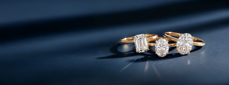 Three gold diamond rings rest on a dark blue background, elegantly illuminated. The rings feature emerald, oval, and round brilliant-cut diamonds.