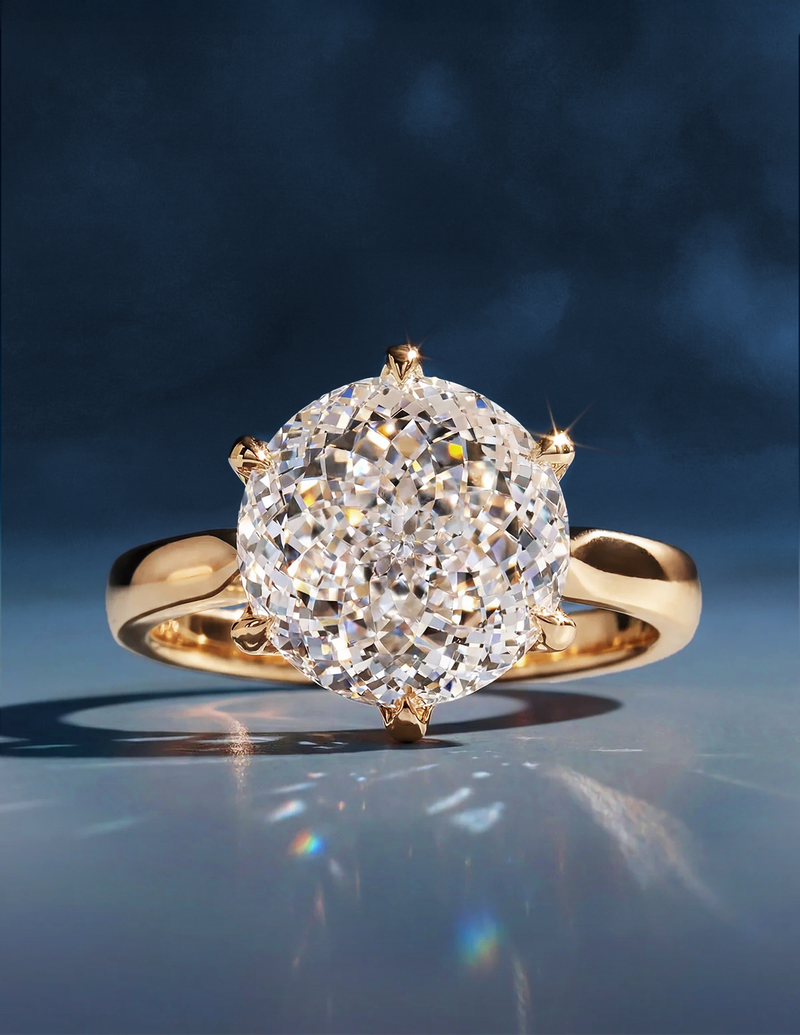 A gold ring featuring a large, sparkling diamond set against a dark blue background. The diamond reflects light, creating a luxurious, elegant tone.