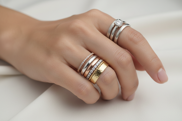 Modern stackable rings featuring lab-grown diamonds in fine metal bands