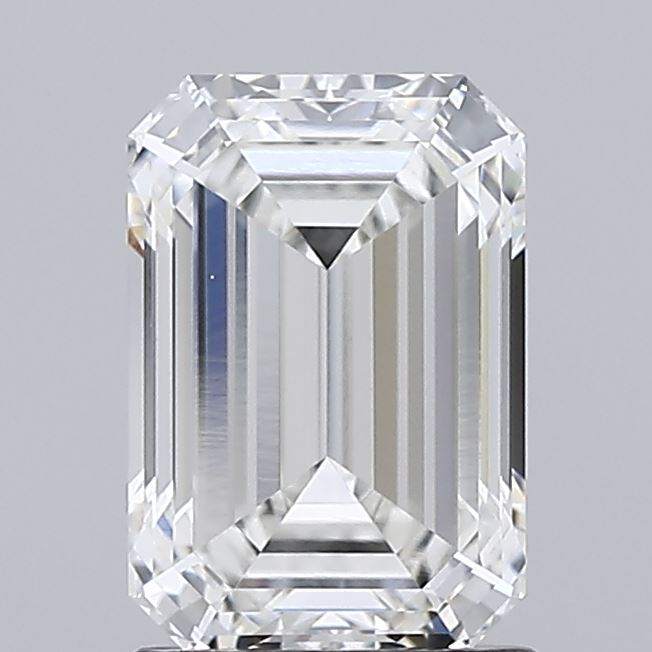 1.59 Carat Emerald cut IGI certified lab grown diamond on gray background