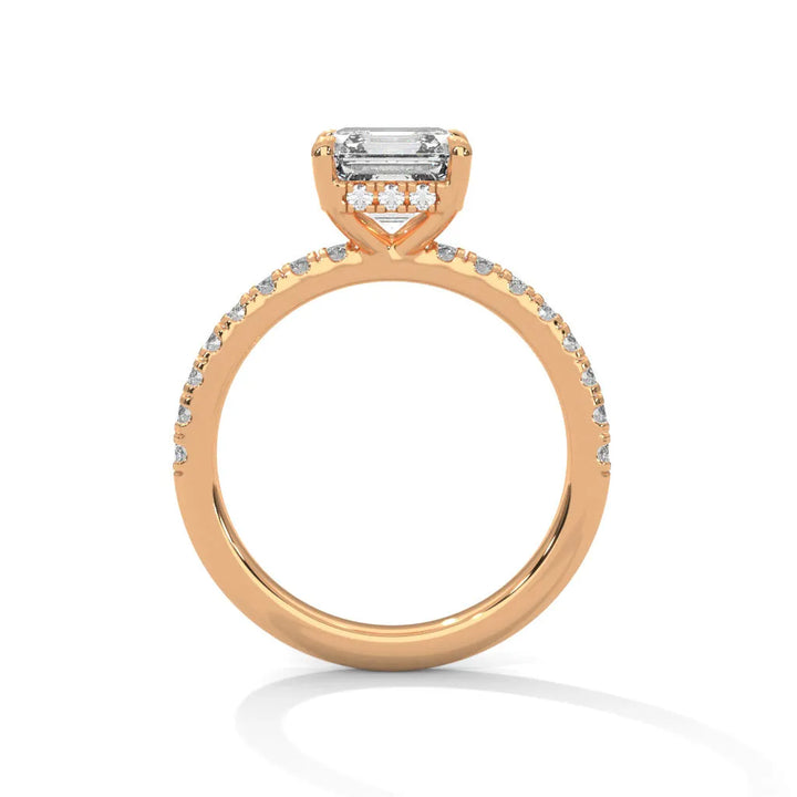 A rose gold engagement ring featuring a stunning asscher diamond center in a Sun Belt setting.