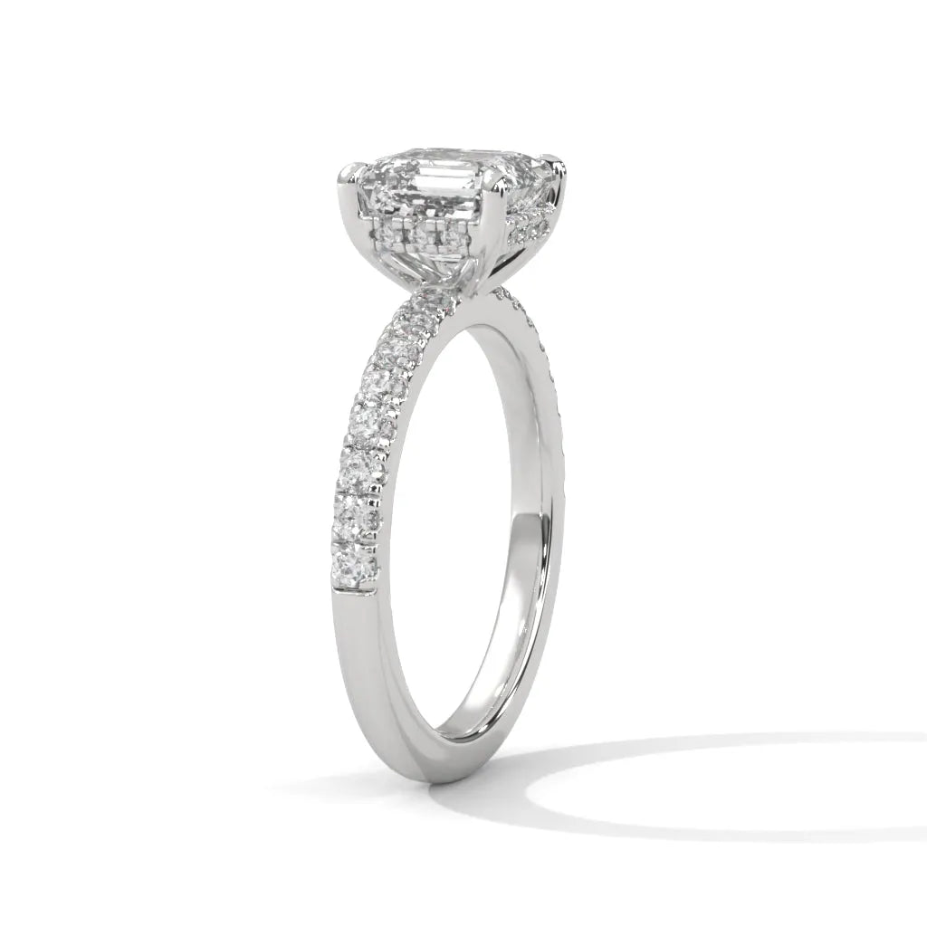 A beautiful white gold engagement ring with an asscher 14k white gold diamond centerpiece, crafted in a Sun Belt setting.