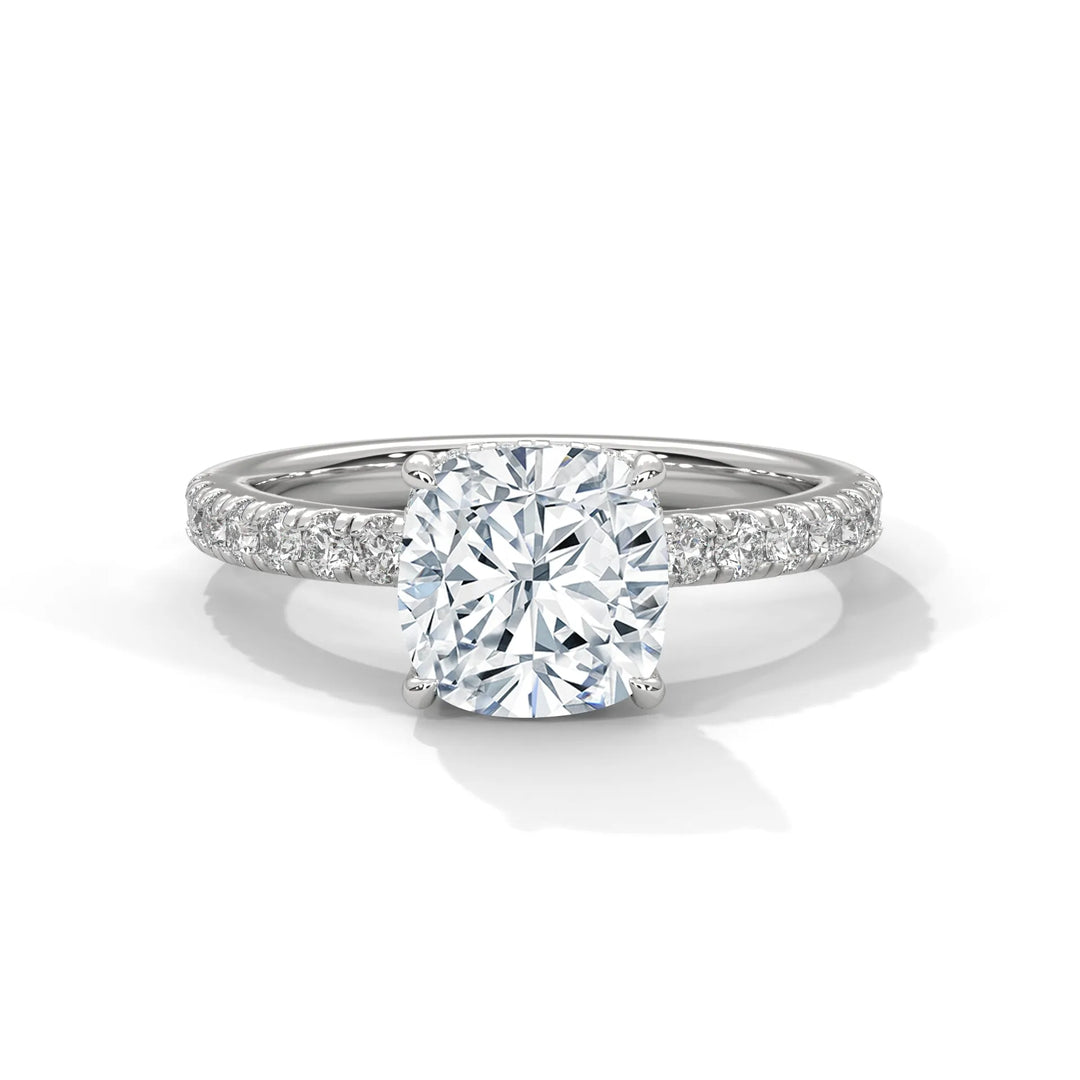 An exquisite cushion 14k diamond engagement ring in white gold, highlighted by a sophisticated Sun Belt setting for a timeless look.