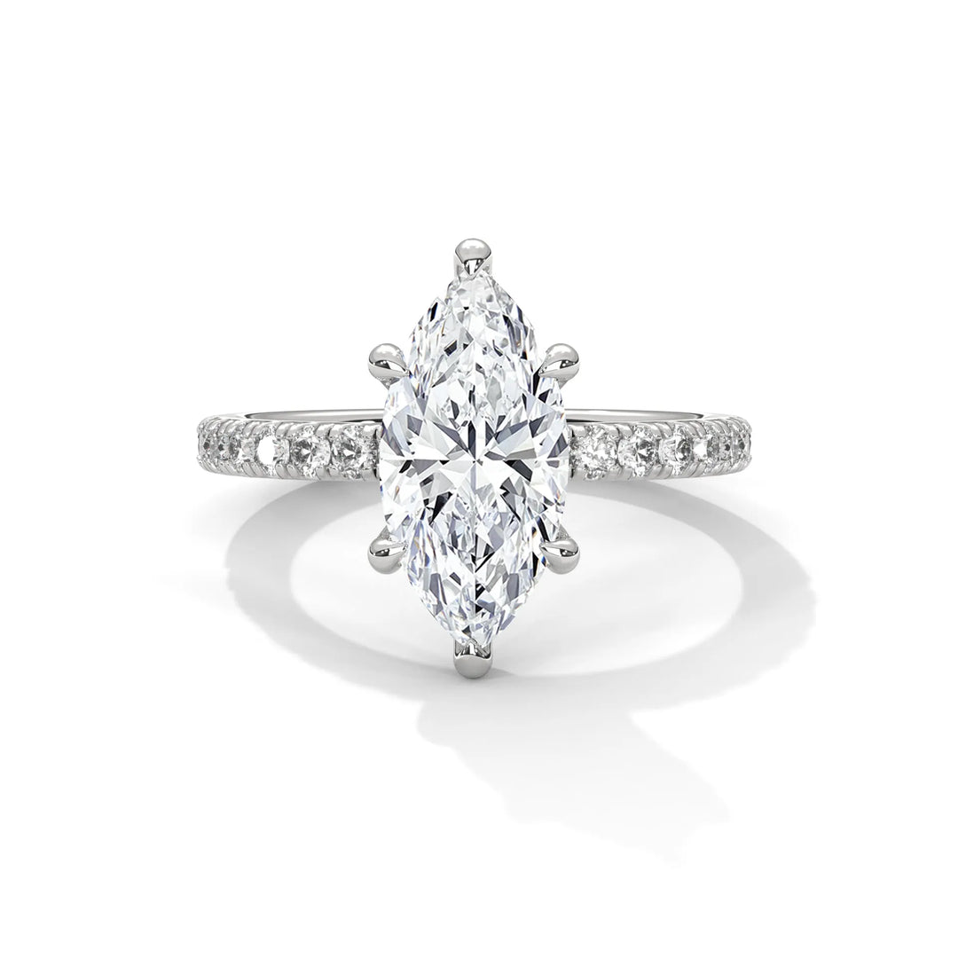 An exquisite marquise 14k diamond engagement ring in white gold, highlighted by a sophisticated Sun Belt setting for a timeless look.