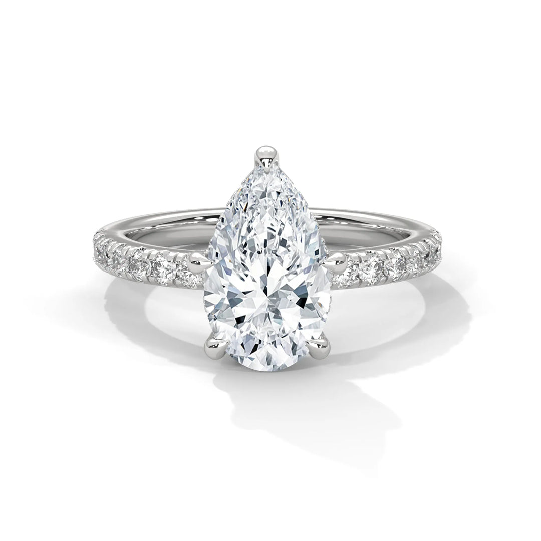 An exquisite pear 14k diamond engagement ring in white gold, highlighted by a sophisticated Sun Belt setting for a timeless look.