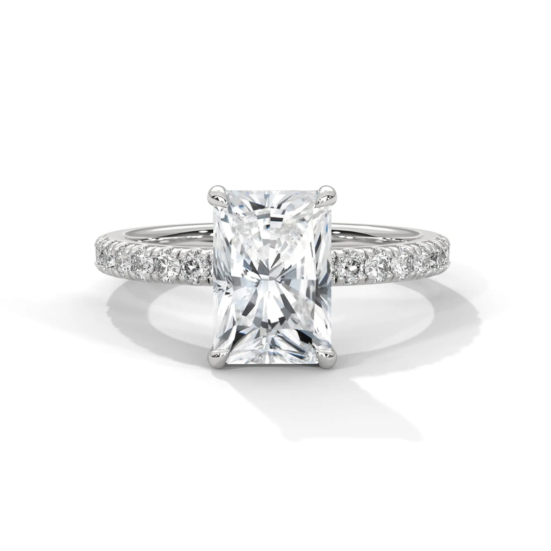 An exquisite radiant 14k diamond engagement ring in white gold, highlighted by a sophisticated Sun Belt setting for a timeless look.