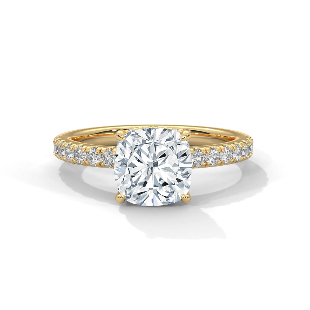 An exquisite cushion 14k diamond engagement ring in yellow gold, highlighted by a sophisticated Sun Belt setting for a timeless look.