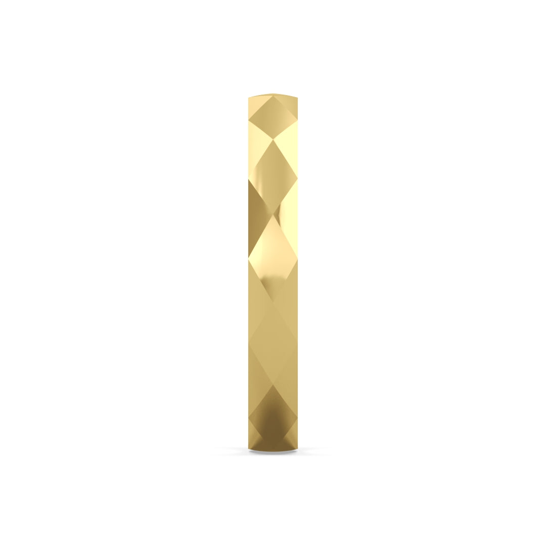 A tall, polished gold column with a faceted surface, reflecting light against a white backdrop.