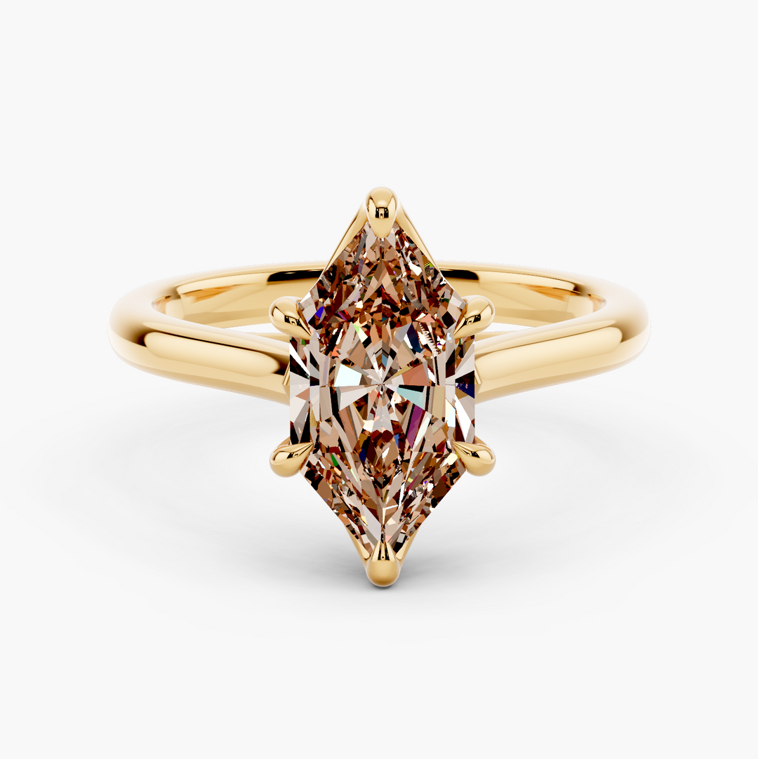 Tapered Cathedral Champagne Setting Dutch Marquise cut engagement ring in 14k Yellow Gold