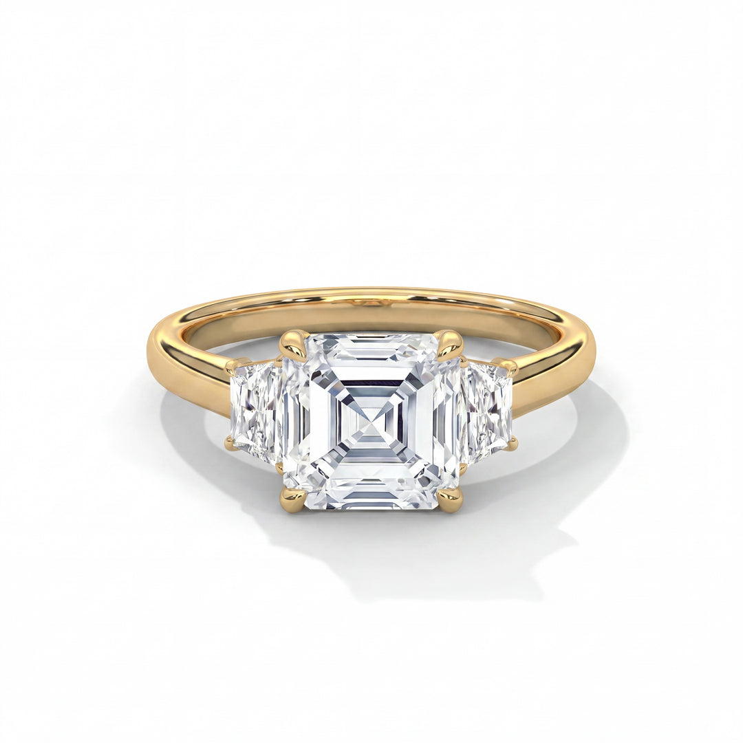 Three Stone Brilliant Trapezoid Asscher Yellow Gold front