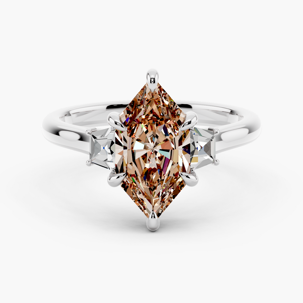Three Stone Brilliant Trapezoid Champagne Setting Dutch Marquise cut engagement ring in 14k White Gold