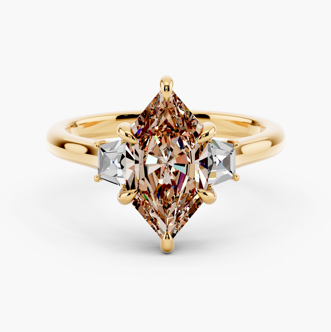 Three Stone Brilliant Trapezoid Champagne Setting Dutch Marquise cut engagement ring in 14k Yellow Gold