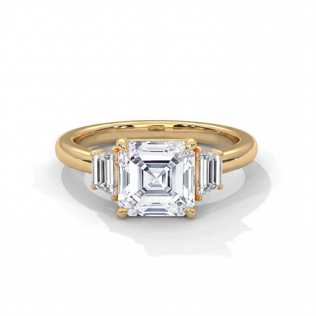 Three Stone Step Cut Trapezoid Asscher Yellow Gold front