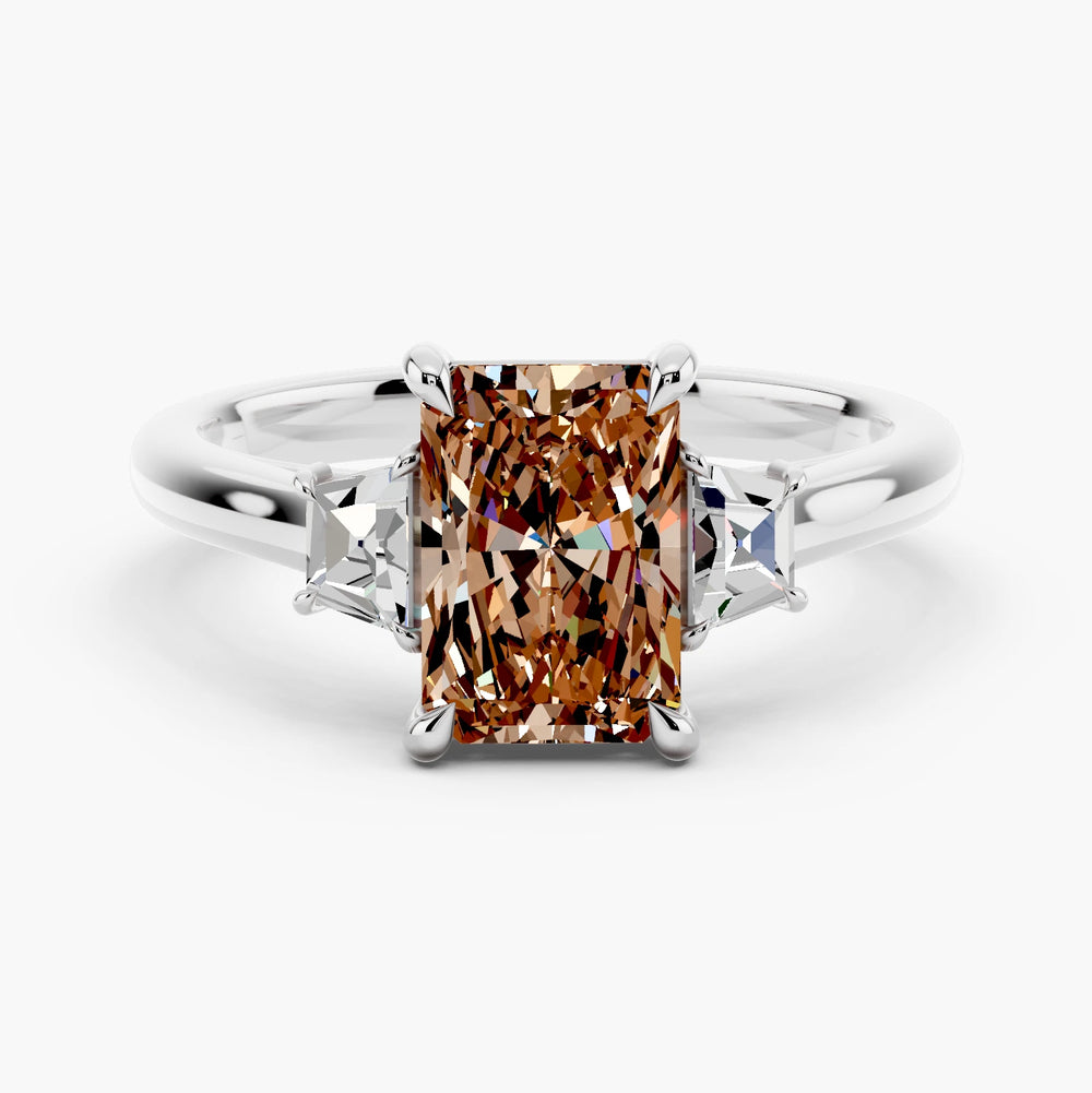 Three Stone Step Cut Trapezoid Champagne Setting Radiant cut engagement ring in 14k White Gold