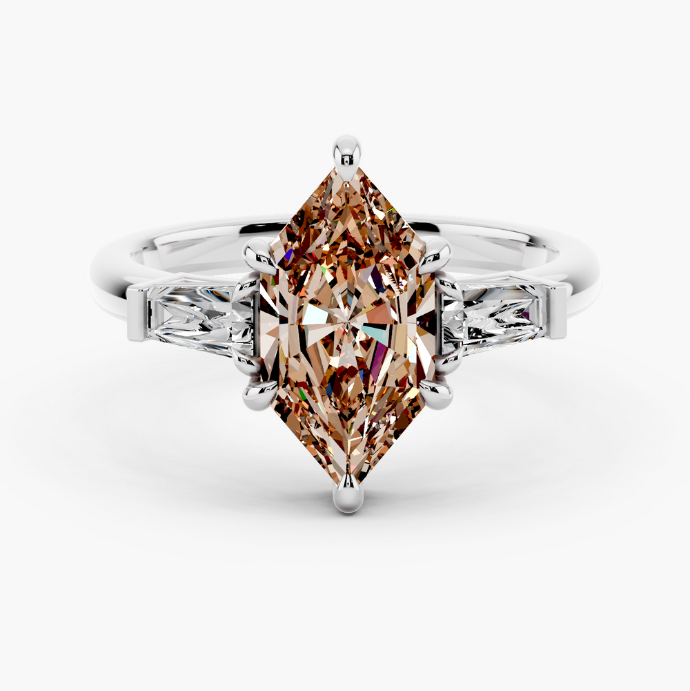 Three Stone Tapered Baguette Diamond Champagne Setting Dutch Marquise cut engagement ring in 14k White Gold