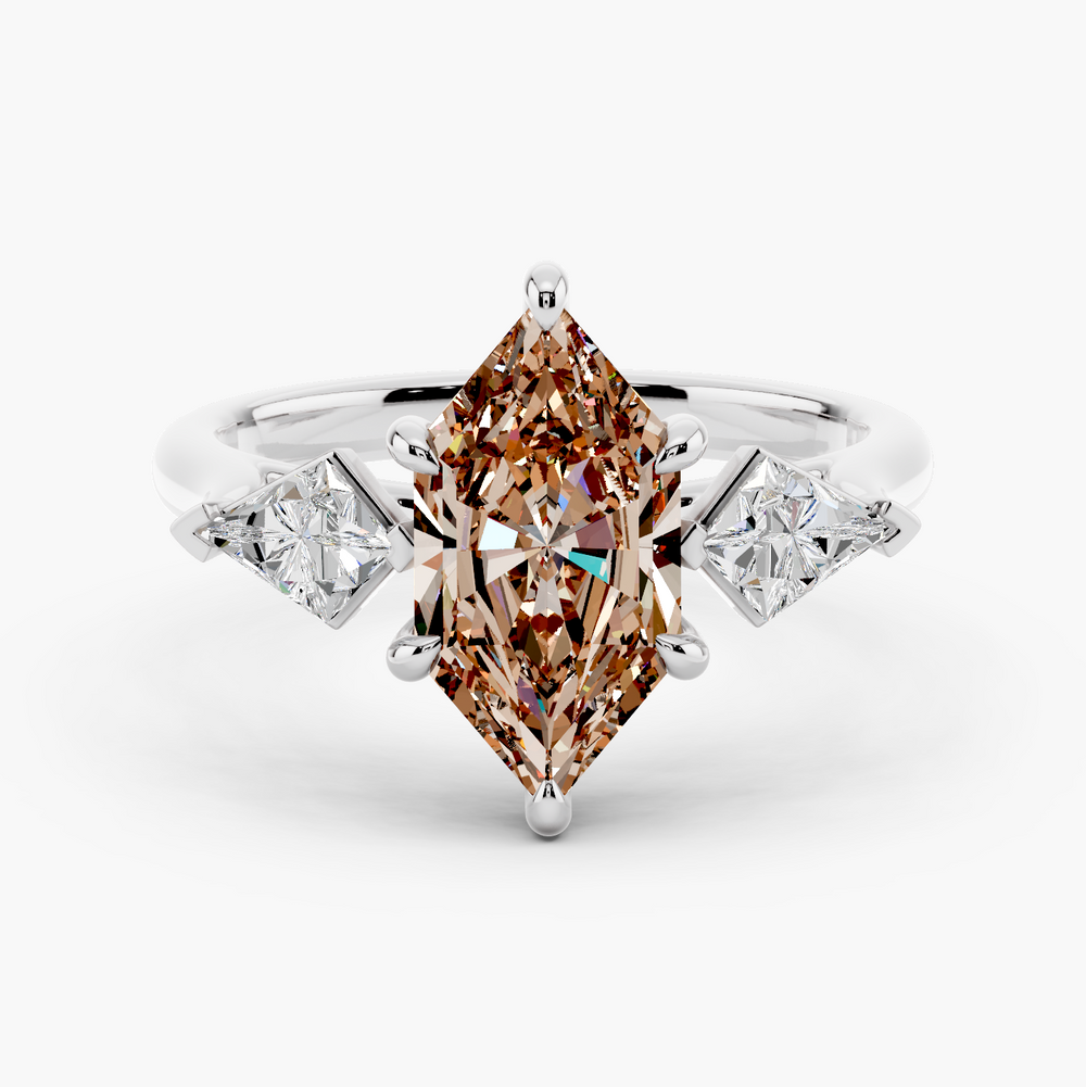 Three Stones Kite Champagne Setting Dutch Marquise cut engagement ring in 14k White Gold