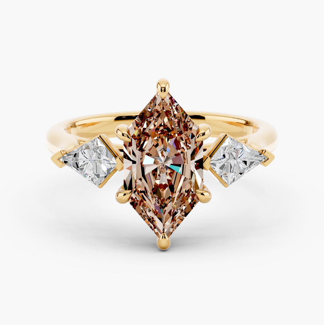 Three Stones Kite Champagne Setting Dutch Marquise cut engagement ring in 14k Yellow Gold