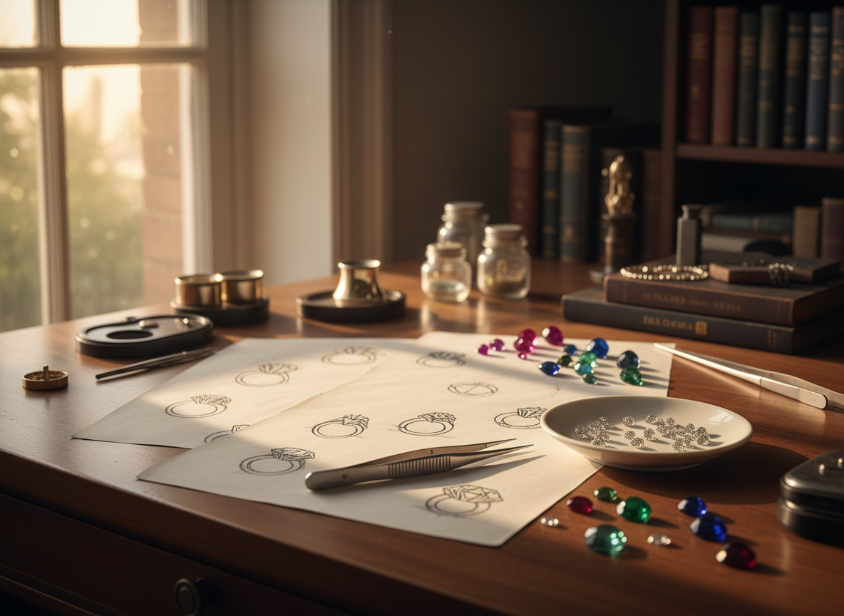 Jewelry design sketches and gemstone selection for custom jewelry creation