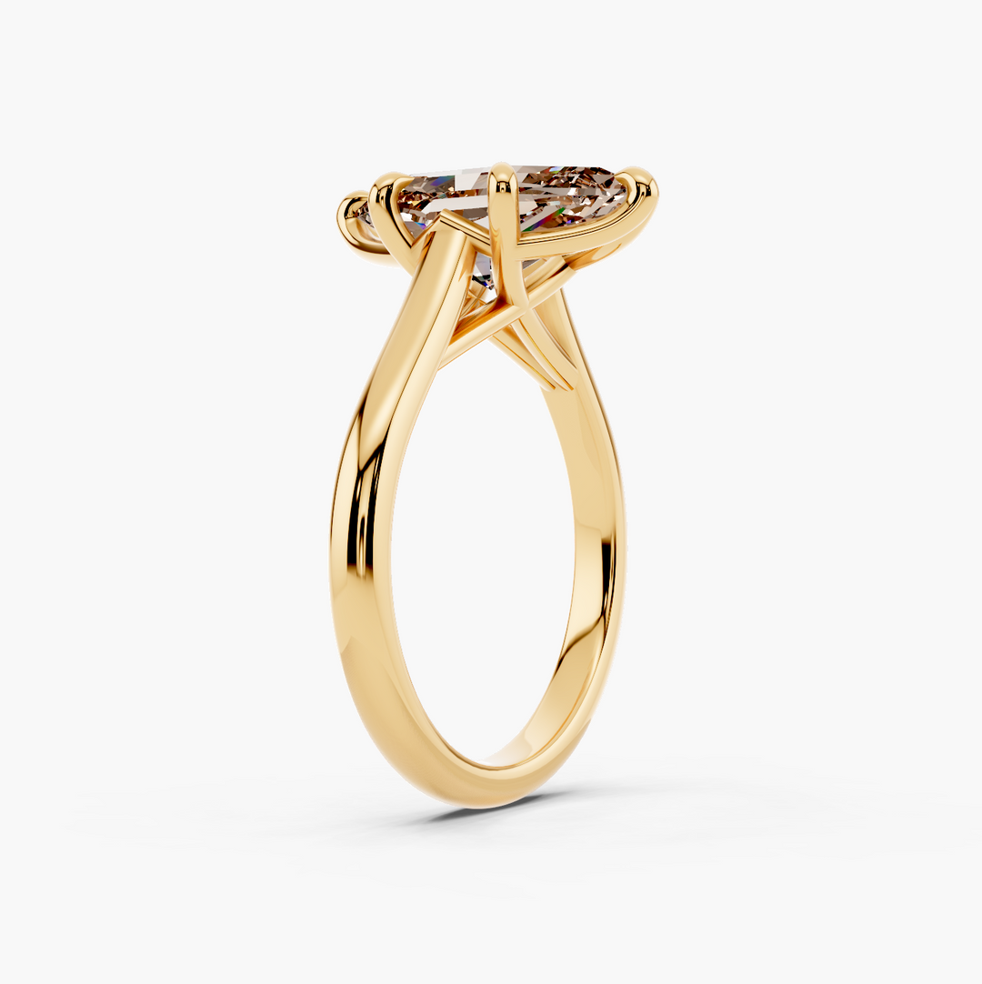 Tapered Cathedral Champagne Setting Dutch Marquise cut engagement ring in 14k Yellow Gold persp