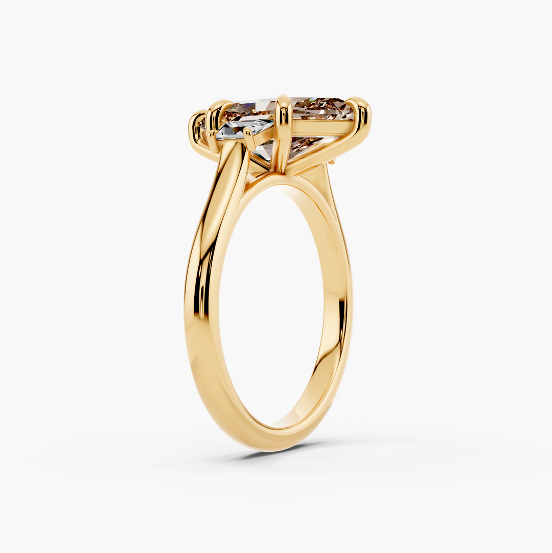 Three Stone Brilliant Trapezoid Champagne Setting Dutch Marquise cut engagement ring in 14k Yellow Gold persp