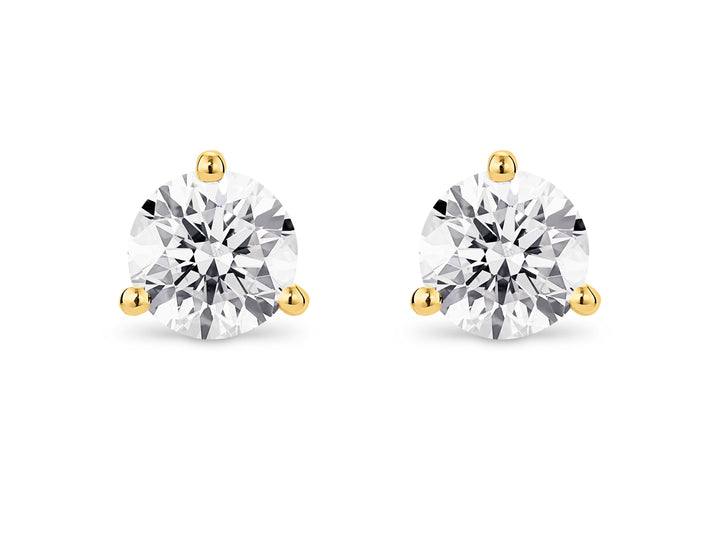 Lab-Grown Diamond Round Brilliant Solitaire Three Prong 14k Yellow Gold Studs