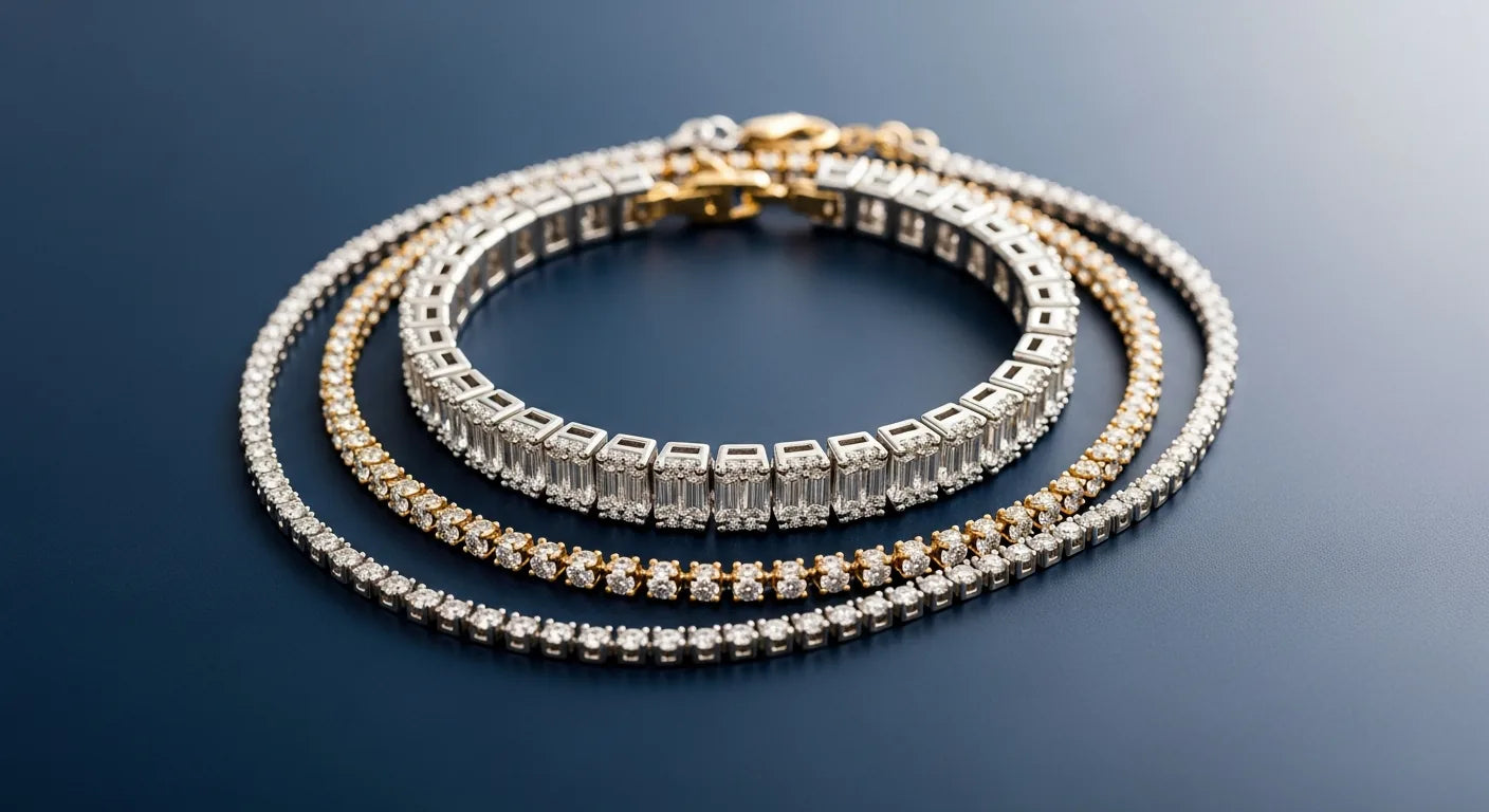 Stienhardt diamond tennis necklace and stud earrings on navy