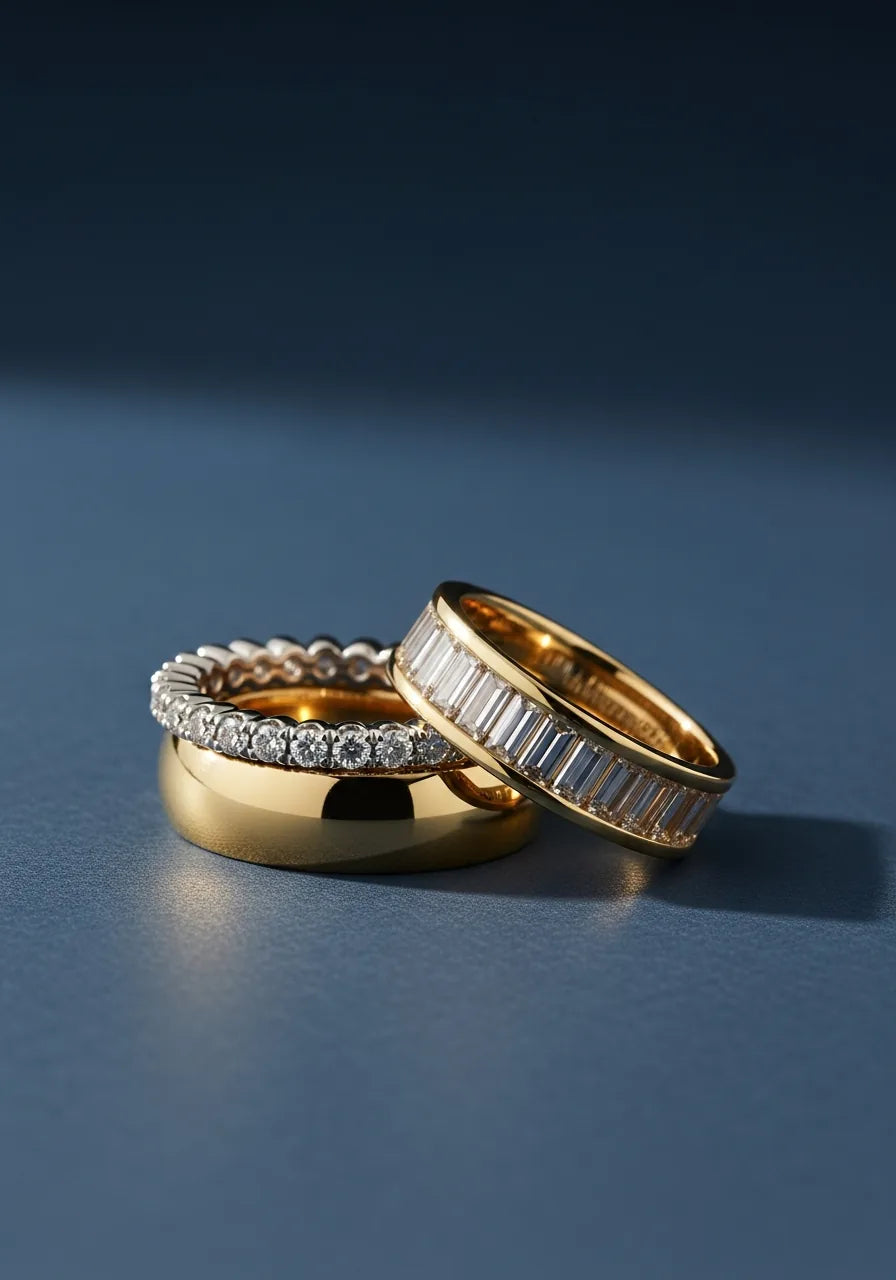 Stacked wedding bands on cream linen